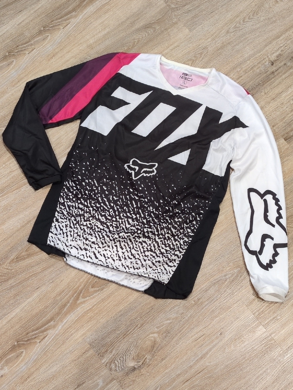 🩷🏍️Fox Women's Black White Long-Sleeve MTB Jersey Pink & Purple Accent sz L🩷